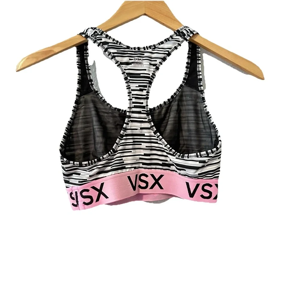 Victoria Secret VSX Sports Bra Pink Black Heather Band Logo Racerback‎ Sz Small